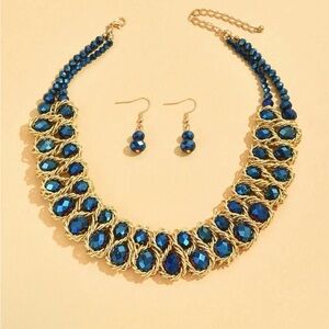 Elegant Blue and Gold Faceted Necklace and Earring Set NEW!